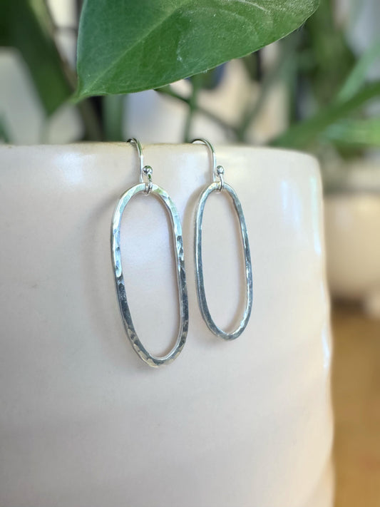 Hammered Sterling Silver Oval Hoop Earrings | Minimalist Dangle Earrings
