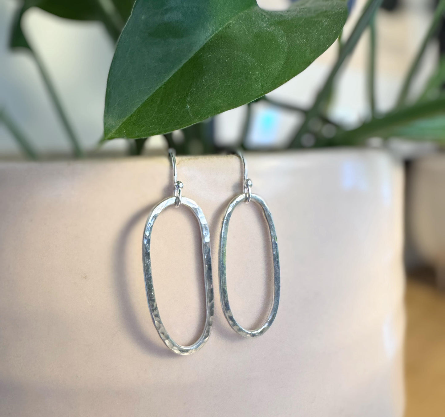 Hammered Sterling Silver Oval Hoop Earrings | Minimalist Dangle Earrings