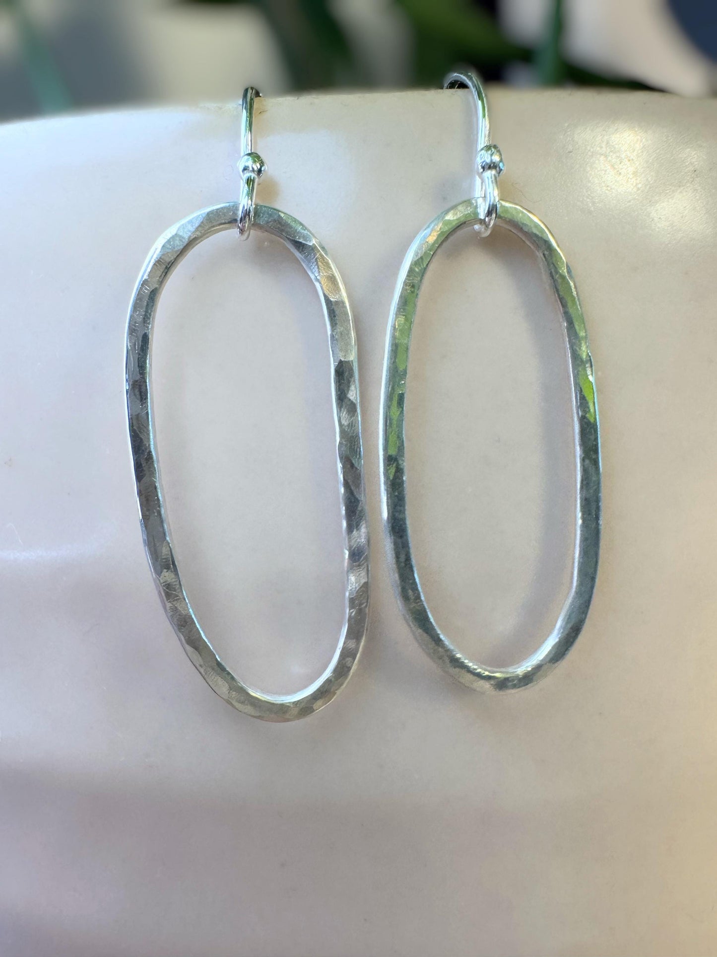 Hammered Sterling Silver Oval Hoop Earrings | Minimalist Dangle Earrings