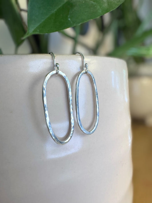 Hammered Sterling Silver Oval Hoop Earrings | Minimalist Dangle Earrings