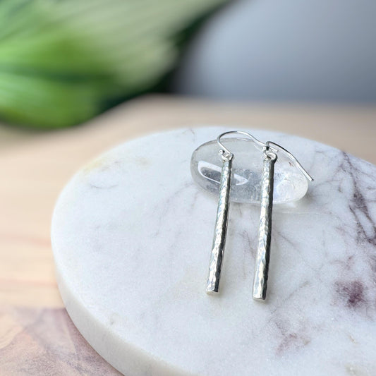 Hammered Sterling Silver Bar Earrings | Minimalist Dangle Earrings