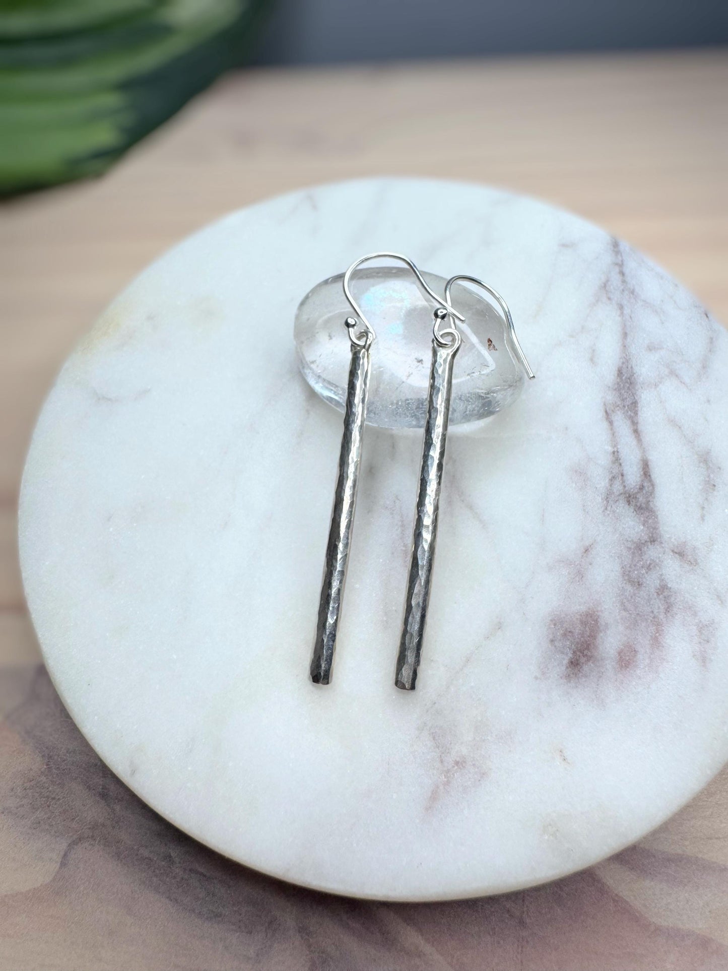 Hammered Sterling Silver Bar Earrings | Minimalist Dangle Earrings