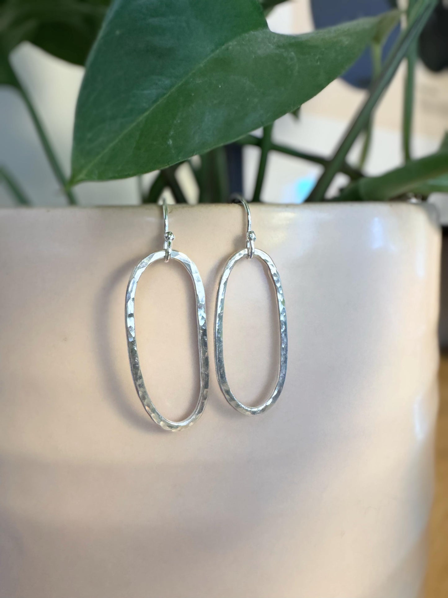Hammered Sterling Silver Oval Hoop Earrings | Minimalist Dangle Earrings