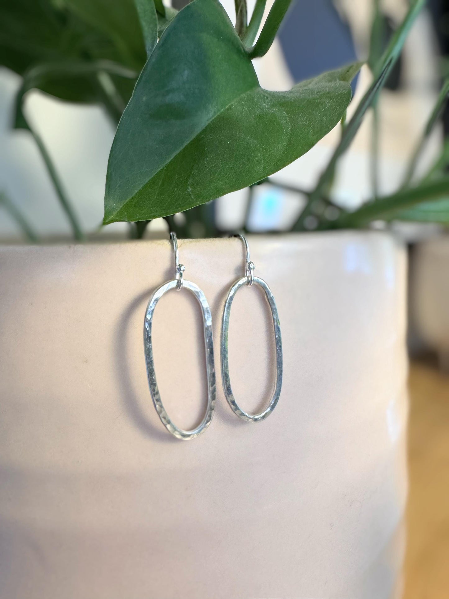 Hammered Sterling Silver Oval Hoop Earrings | Minimalist Dangle Earrings