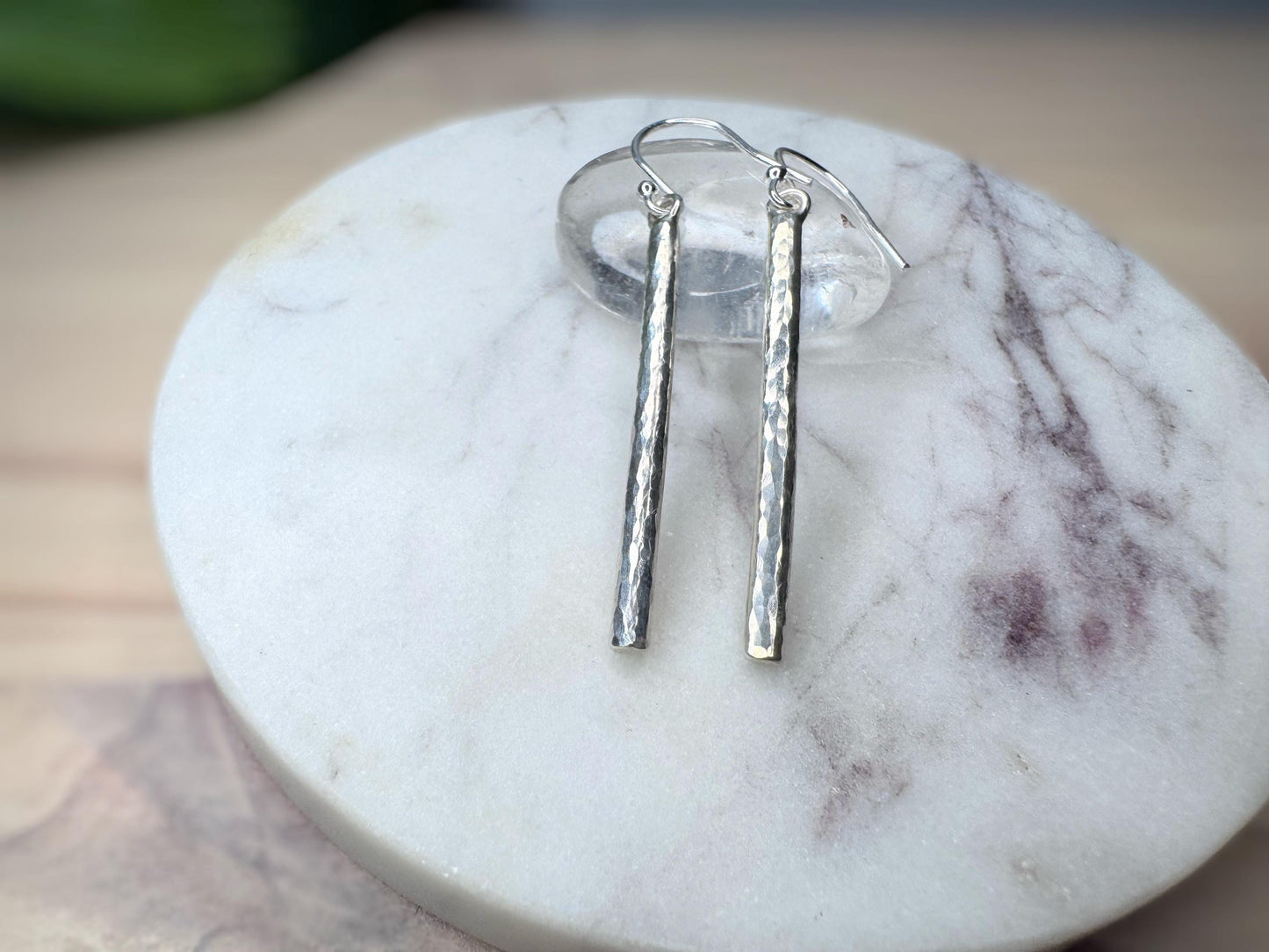 Hammered Sterling Silver Bar Earrings | Minimalist Dangle Earrings