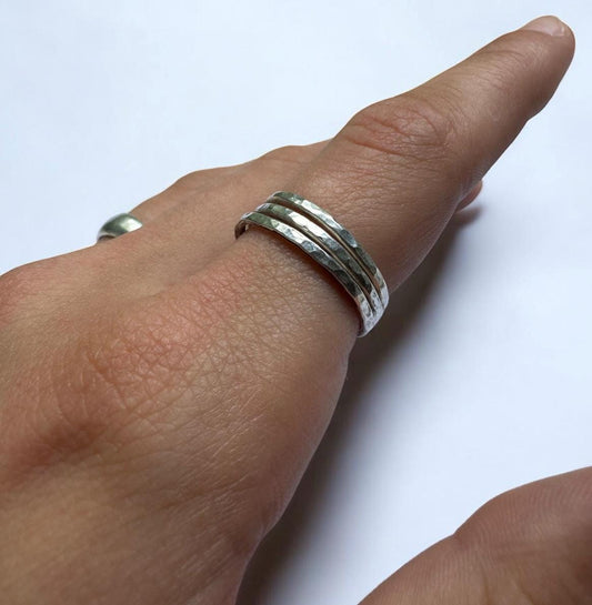 Triple Hammered Sterling Silver Ring | Handmade Stacking Band | Minimalist Textured Ring | Unisex Jewellery
