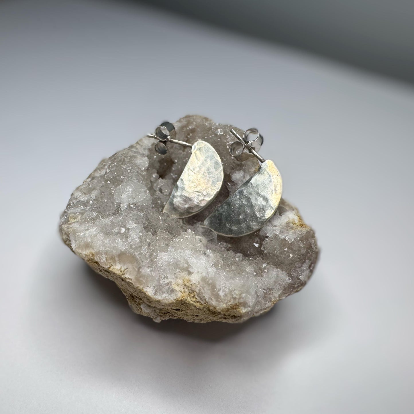 Hammered Sterling Silver Half-Moon Stud Earrings | Minimalist Jewellery